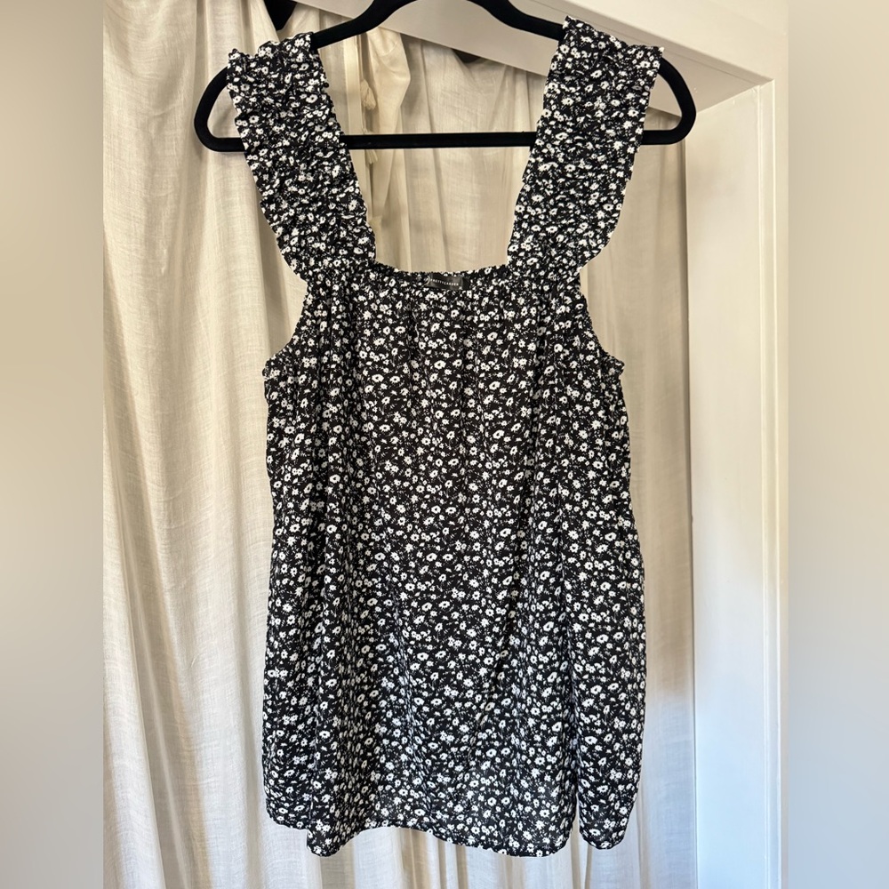 Black and White Floral Smocked Strap Blouse